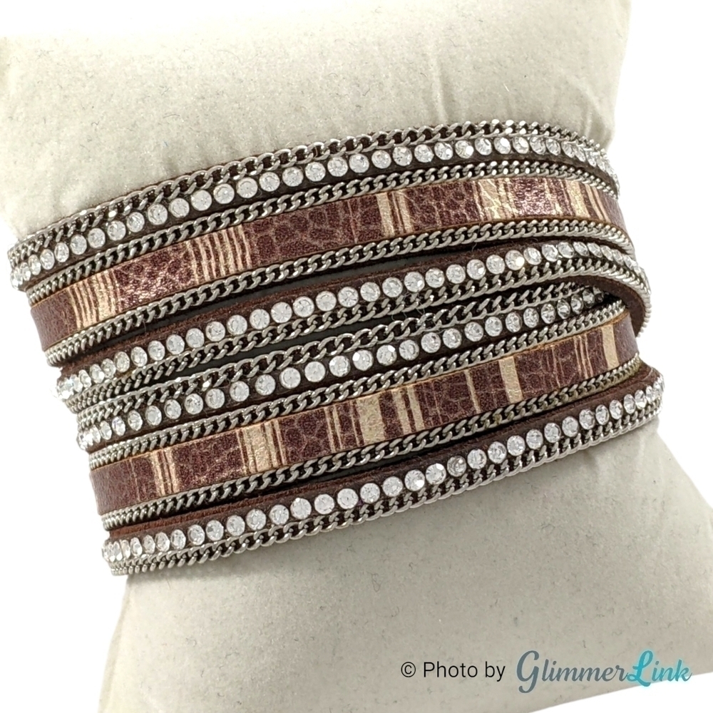 Brown Multi Strand Faux Leather Rhinestones Wrap Bracelet Magnetic Clasp